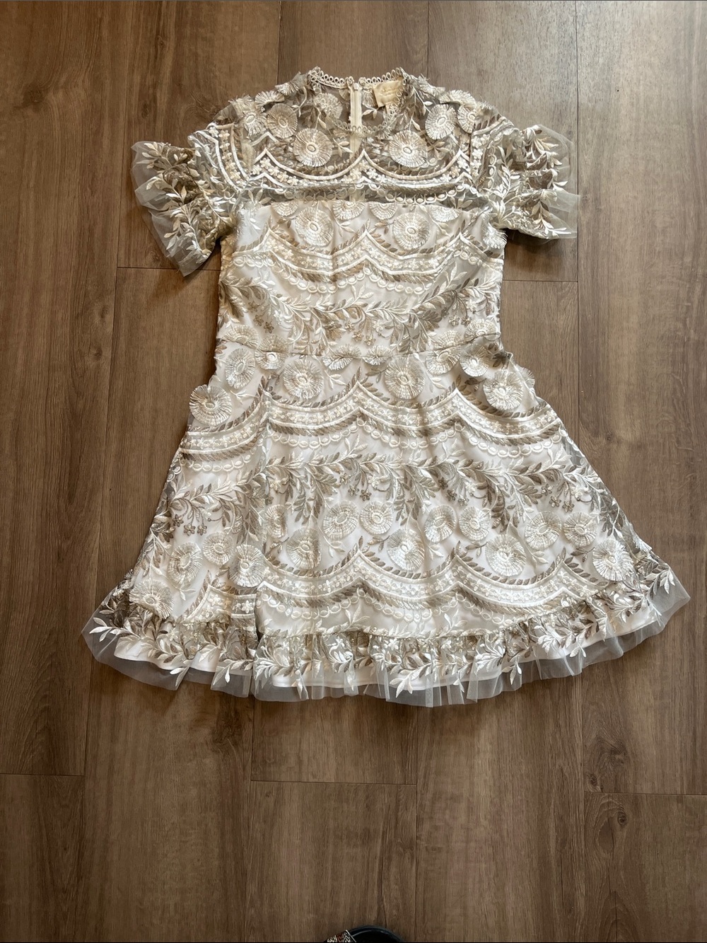 Shoshanna Ivory and Gold Embroidered Fit-and-Flare Dress